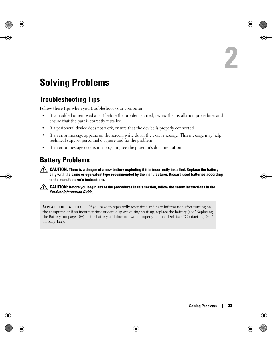 Solving problems, Troubleshooting tips, Battery problems | Dell Dimension E521 User Manual | Page 33 / 158