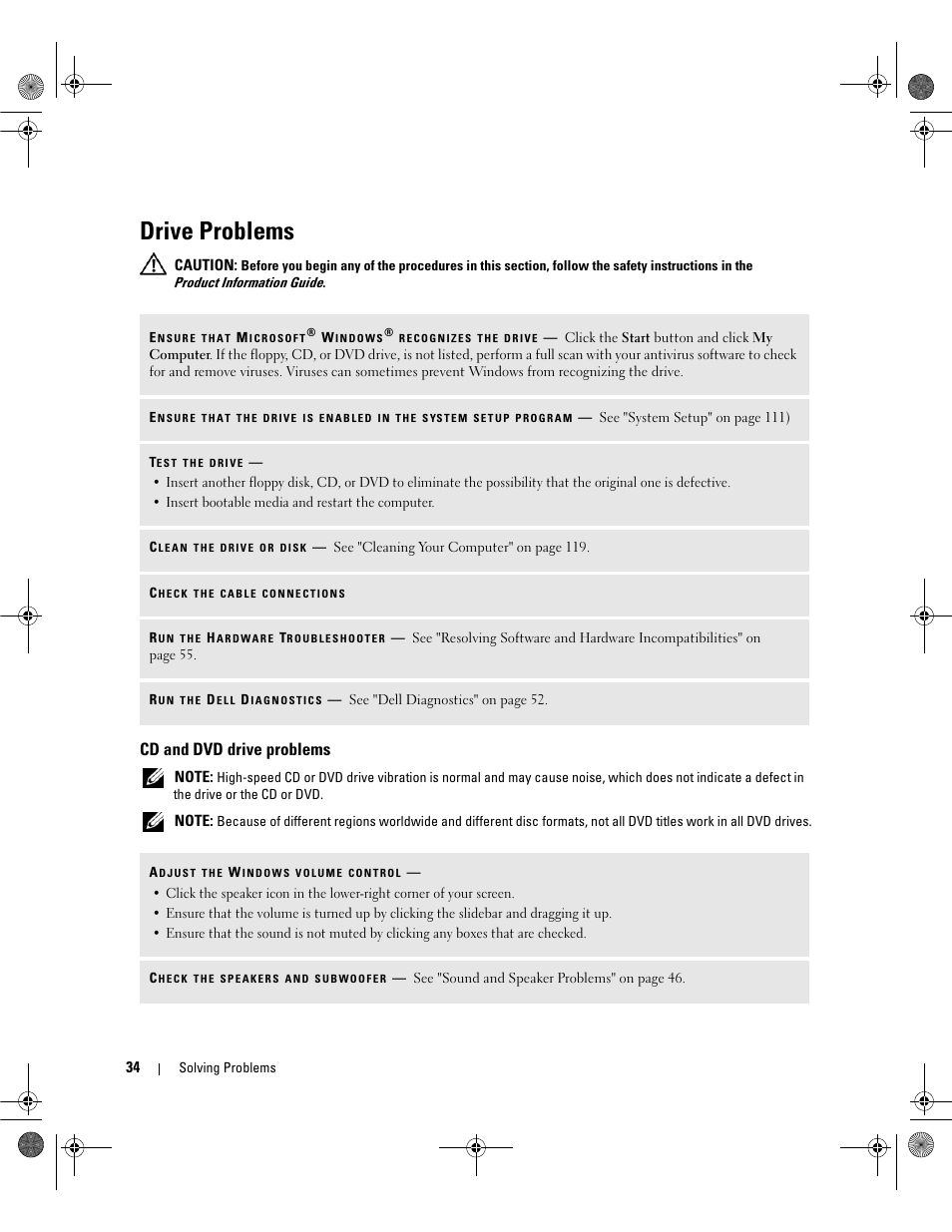 Drive problems, Cd and dvd drive problems | Dell Dimension E521 User Manual | Page 34 / 158