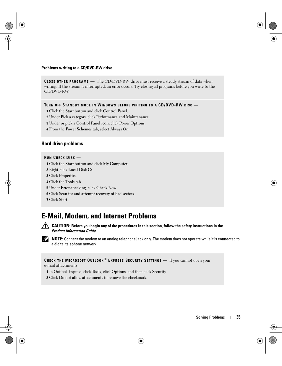 Hard drive problems, E-mail, modem, and internet problems | Dell Dimension E521 User Manual | Page 35 / 158