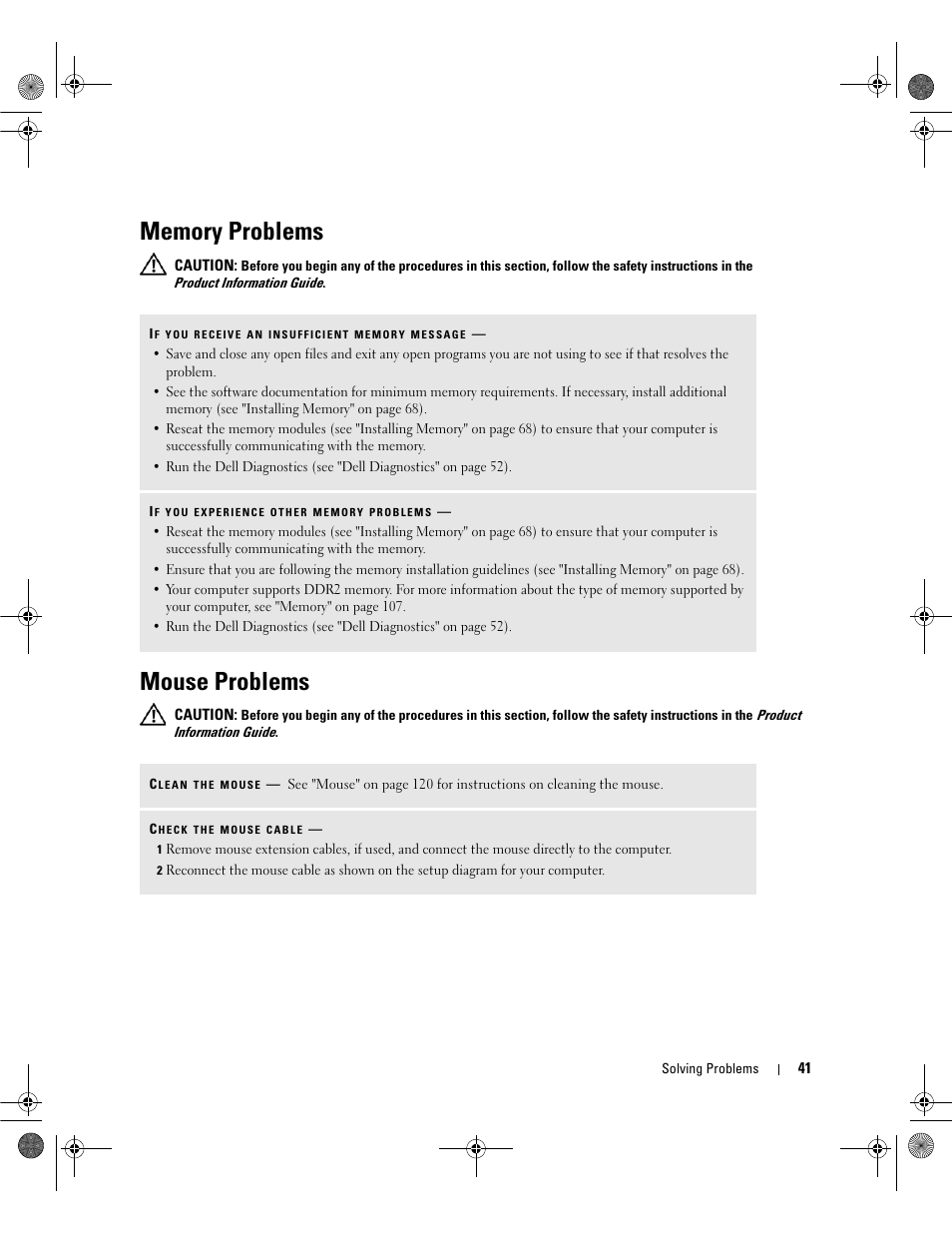 Memory problems, Mouse problems | Dell Dimension E521 User Manual | Page 41 / 158