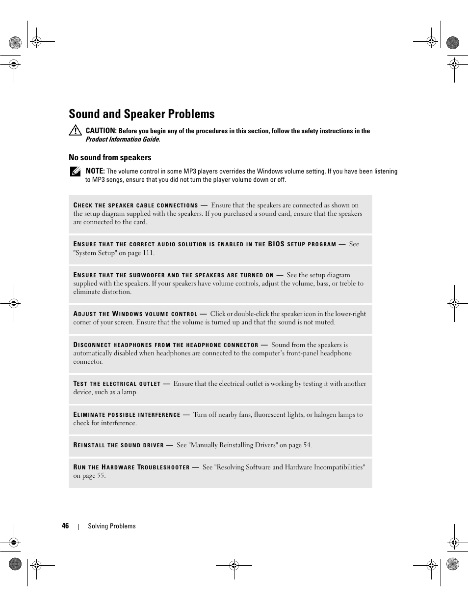 Sound and speaker problems, No sound from speakers | Dell Dimension E521 User Manual | Page 46 / 158