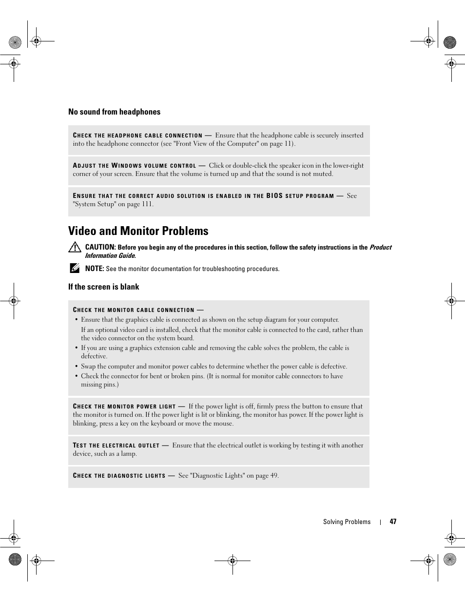 No sound from headphones, Video and monitor problems, If the screen is blank | Dell Dimension E521 User Manual | Page 47 / 158