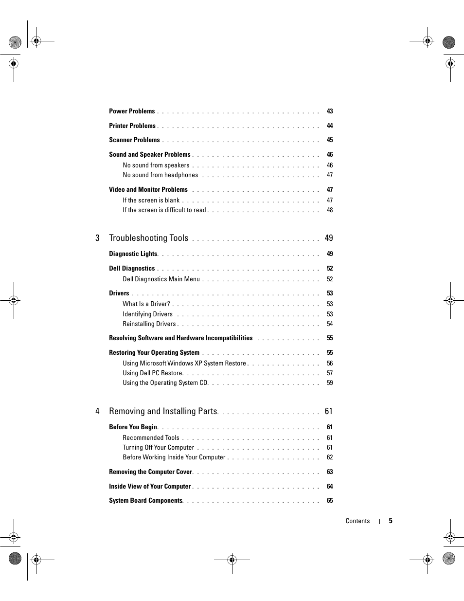 3troubleshooting tools, 4removing and installing parts | Dell Dimension E521 User Manual | Page 5 / 158