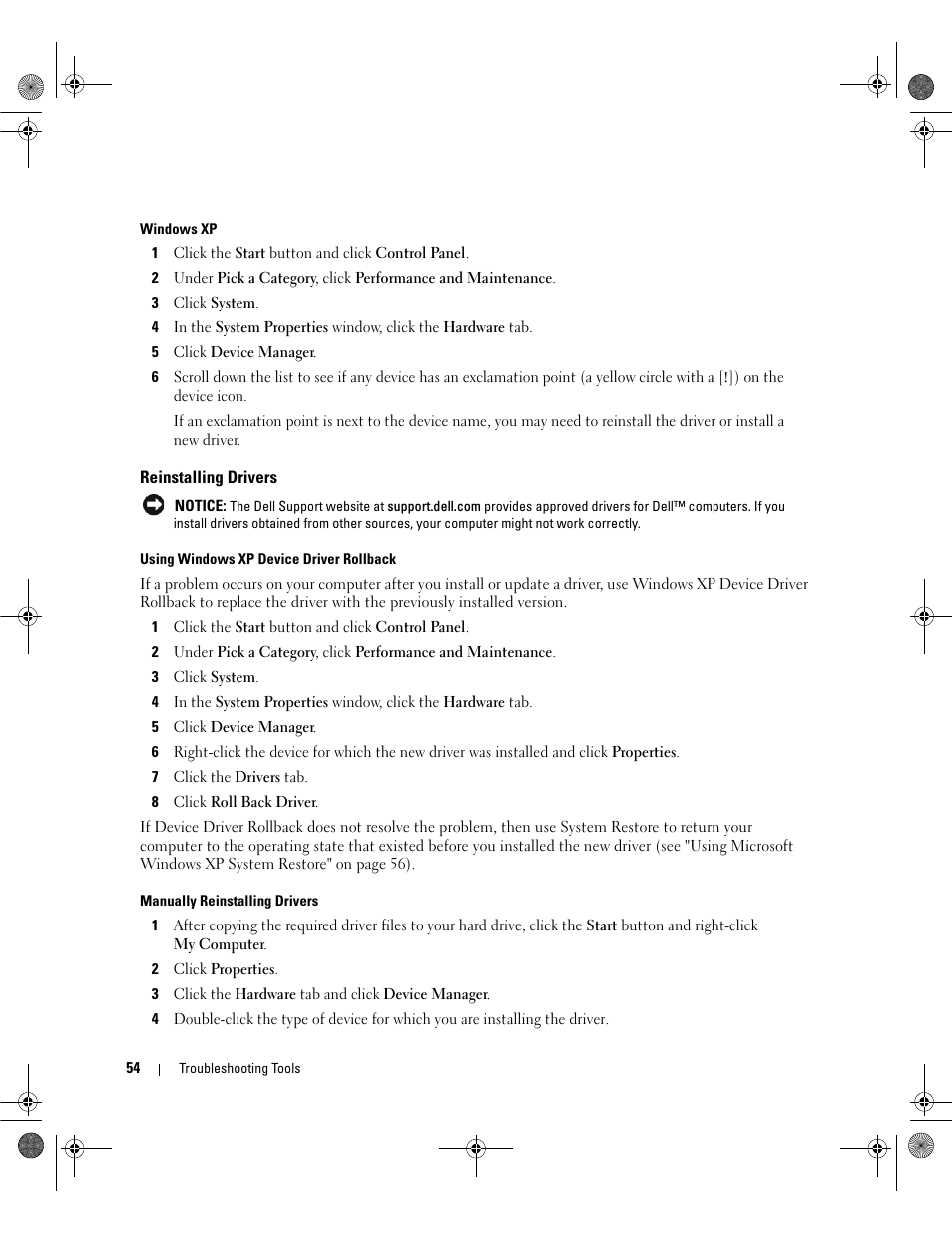 Reinstalling drivers | Dell Dimension E521 User Manual | Page 54 / 158