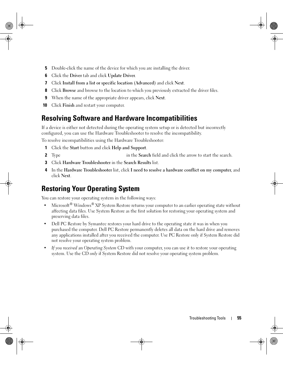 Resolving software and hardware incompatibilities, Restoring your operating system | Dell Dimension E521 User Manual | Page 55 / 158