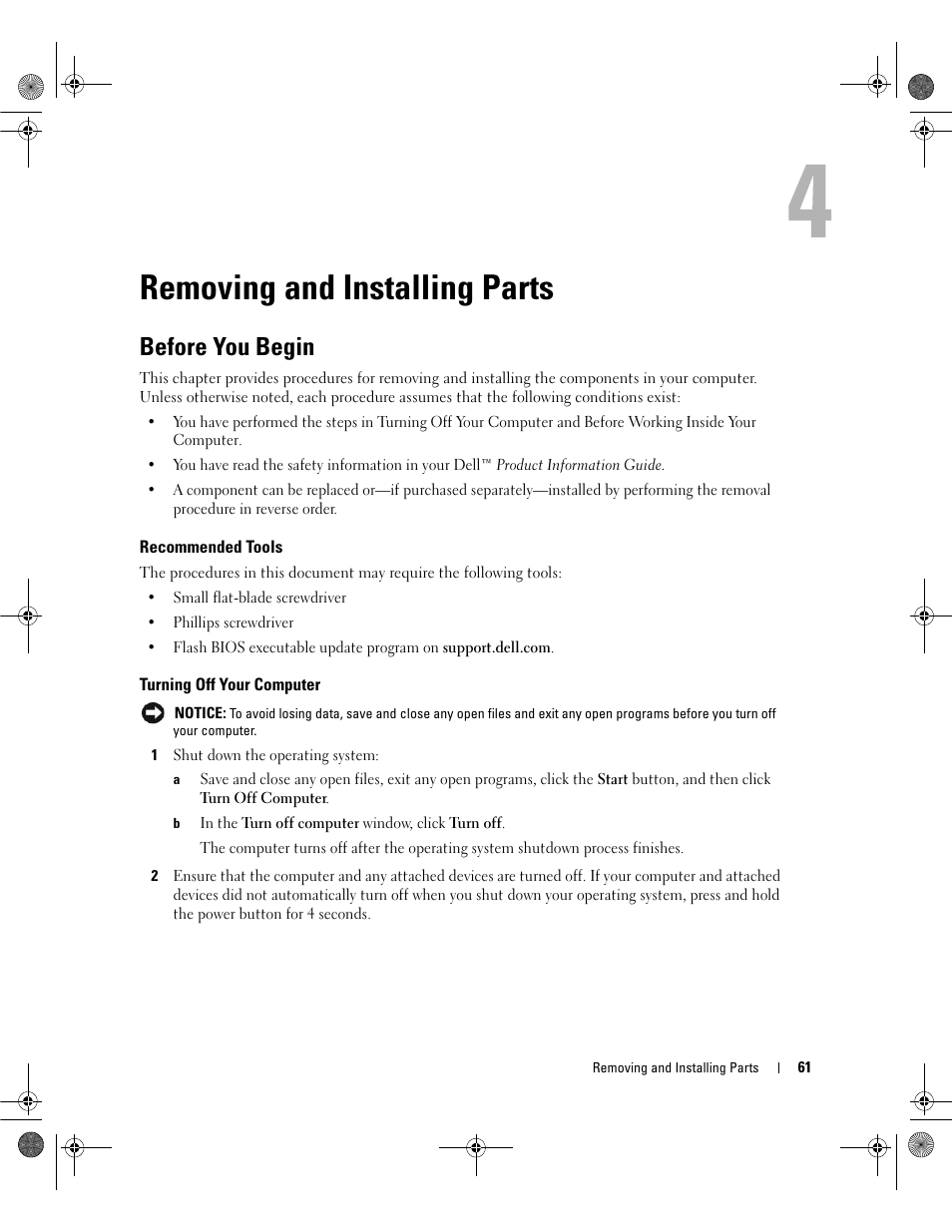 Removing and installing parts, Before you begin, Recommended tools | Turning off your computer, Er (see "turning off your computer" on | Dell Dimension E521 User Manual | Page 61 / 158