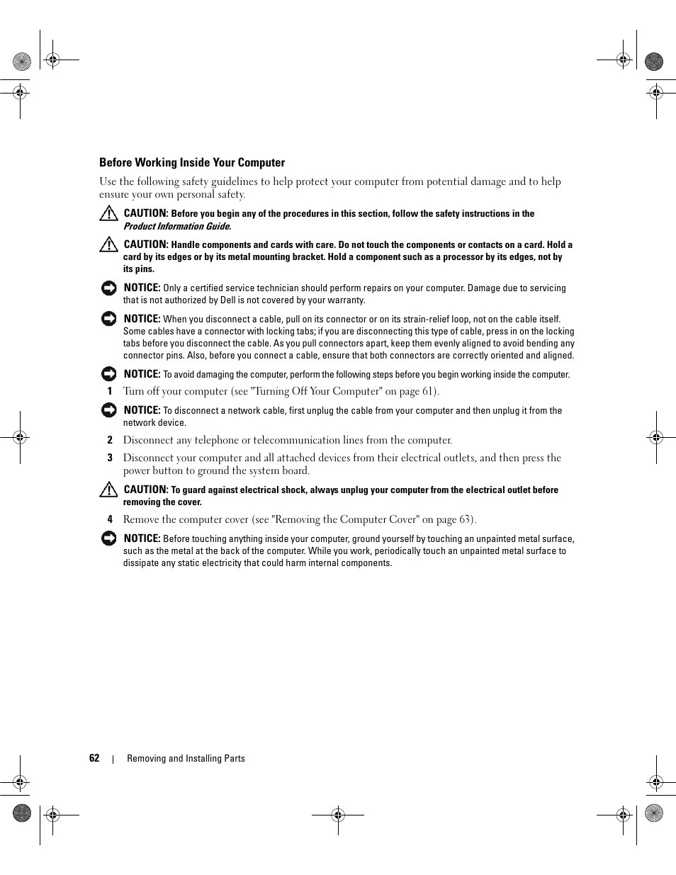 Before working inside your computer | Dell Dimension E521 User Manual | Page 62 / 158