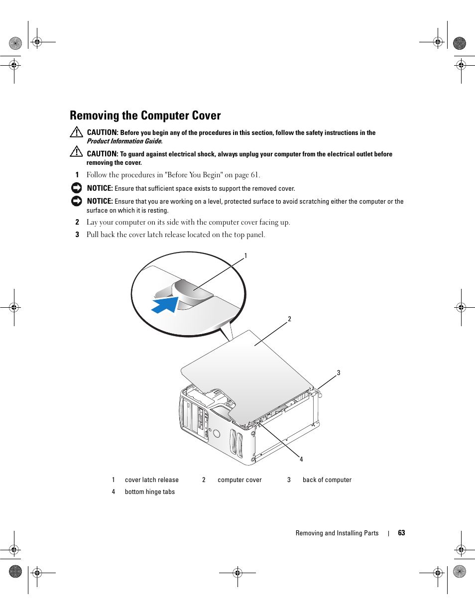 Removing the computer cover | Dell Dimension E521 User Manual | Page 63 / 158