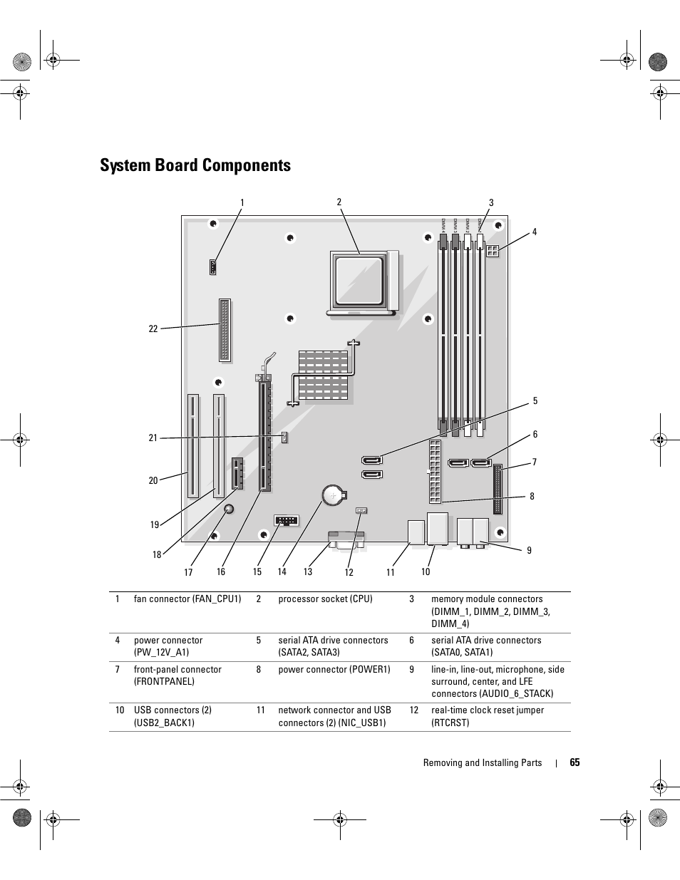 System board components, D (see "system | Dell Dimension E521 User Manual | Page 65 / 158