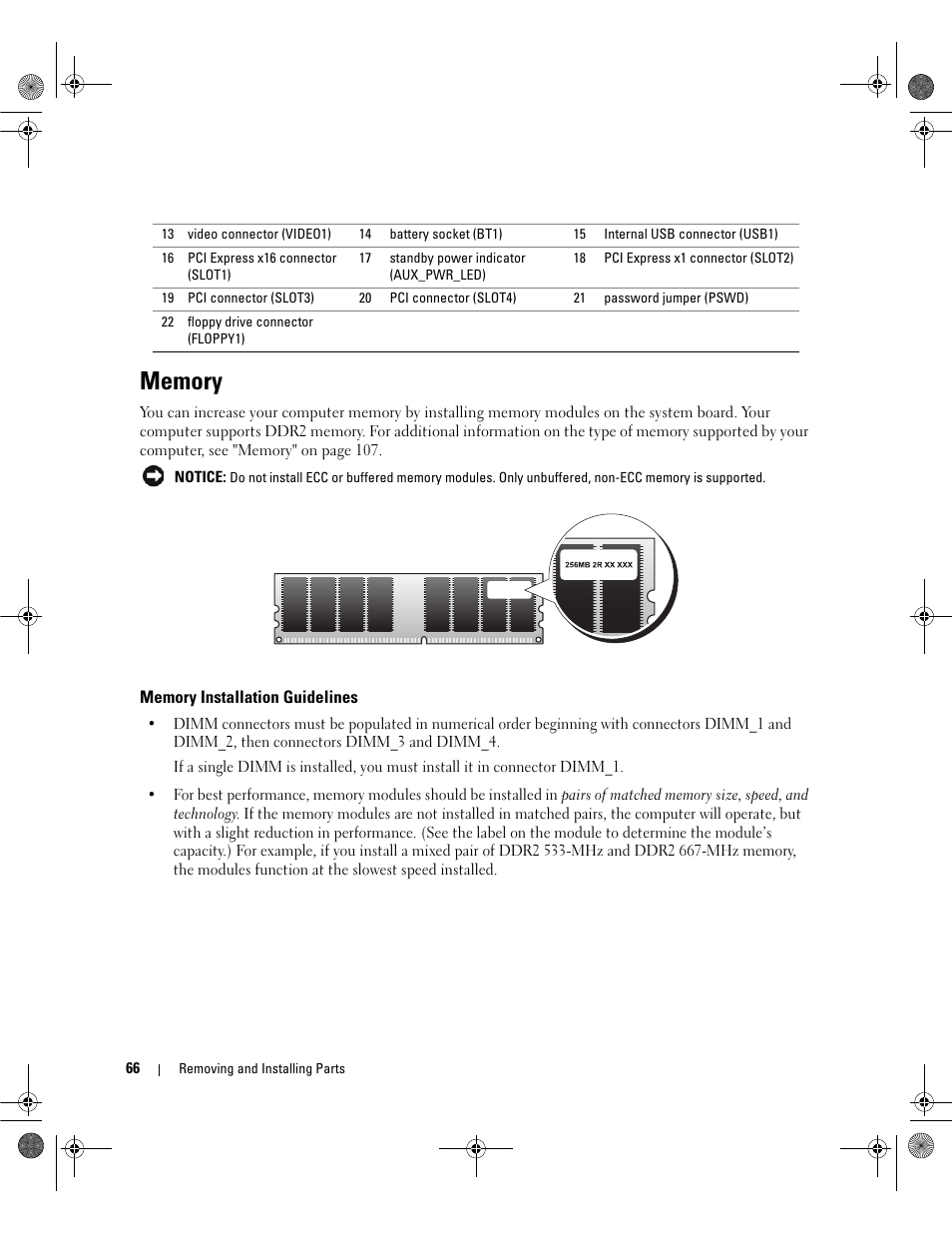 Memory, Memory installation guidelines | Dell Dimension E521 User Manual | Page 66 / 158