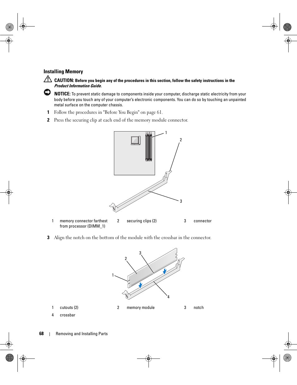 Installing memory | Dell Dimension E521 User Manual | Page 68 / 158