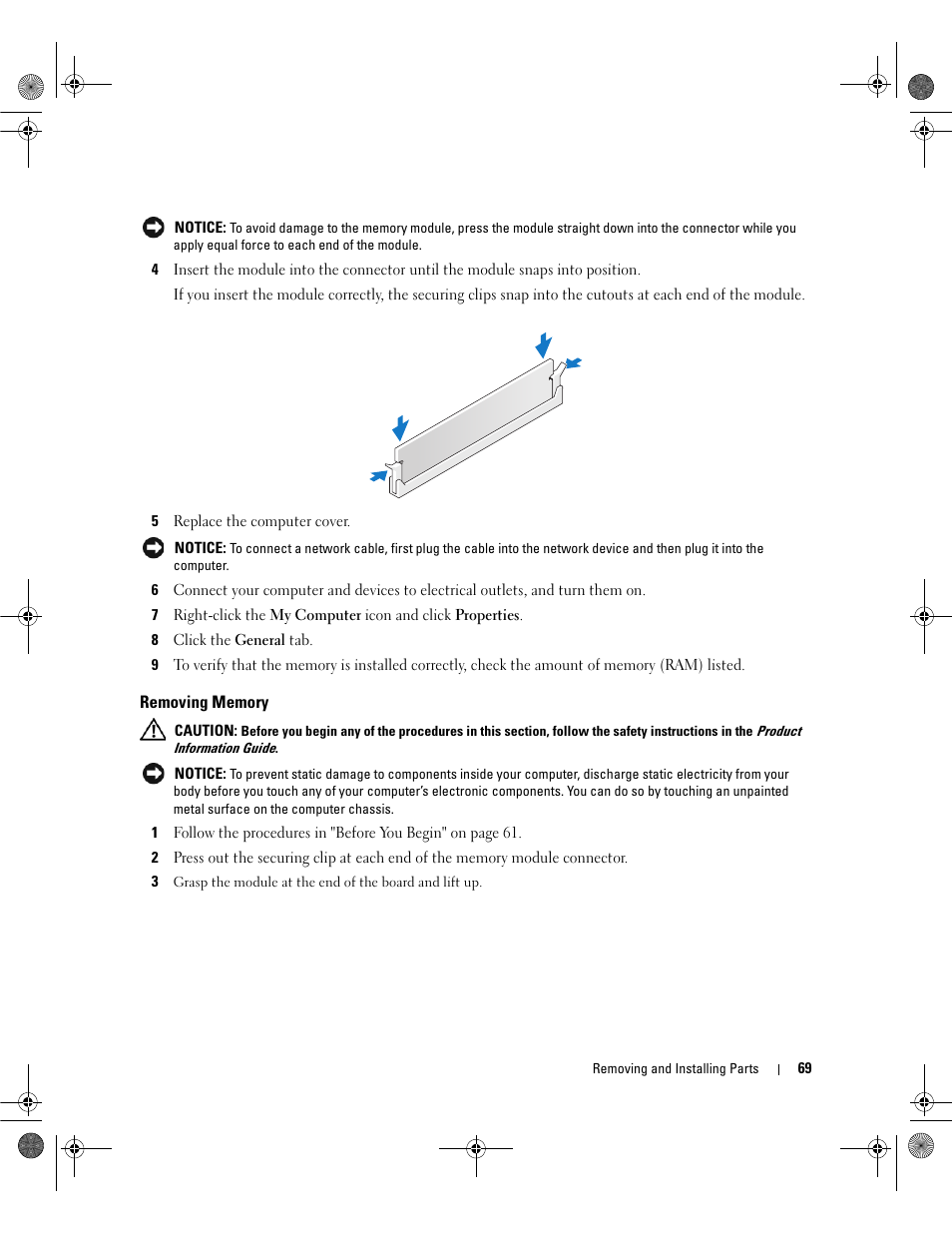 Removing memory | Dell Dimension E521 User Manual | Page 69 / 158