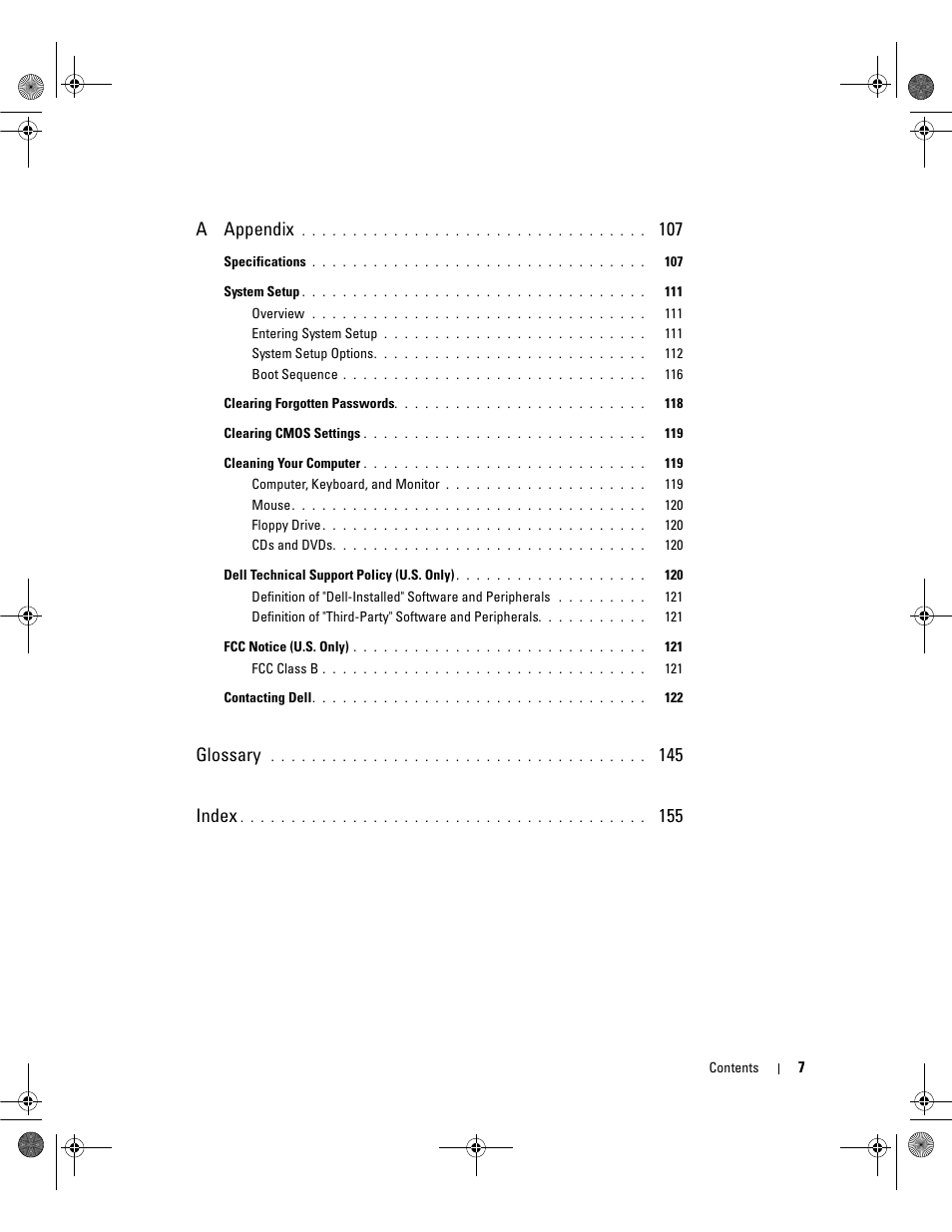 A appendix, Glossary, 145 index | Dell Dimension E521 User Manual | Page 7 / 158