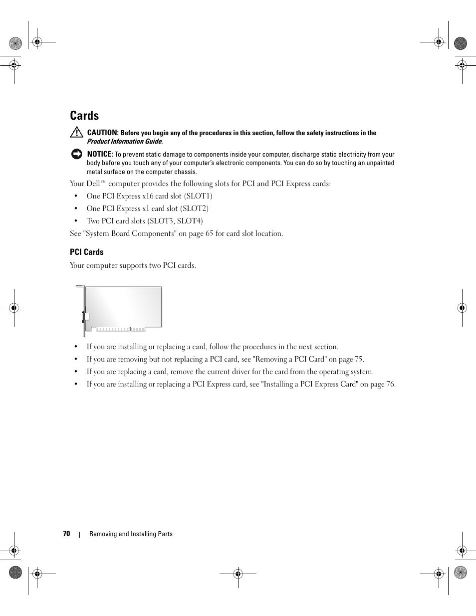 Cards, Pci cards | Dell Dimension E521 User Manual | Page 70 / 158