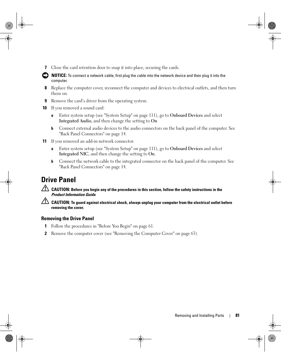 Drive panel, Removing the drive panel | Dell Dimension E521 User Manual | Page 81 / 158