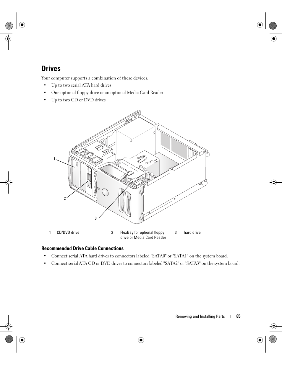 Drives, Recommended drive cable connections | Dell Dimension E521 User Manual | Page 85 / 158