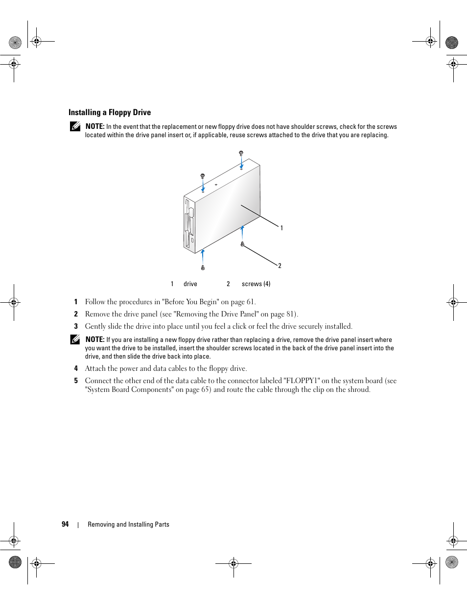 Installing a floppy drive | Dell Dimension E521 User Manual | Page 94 / 158
