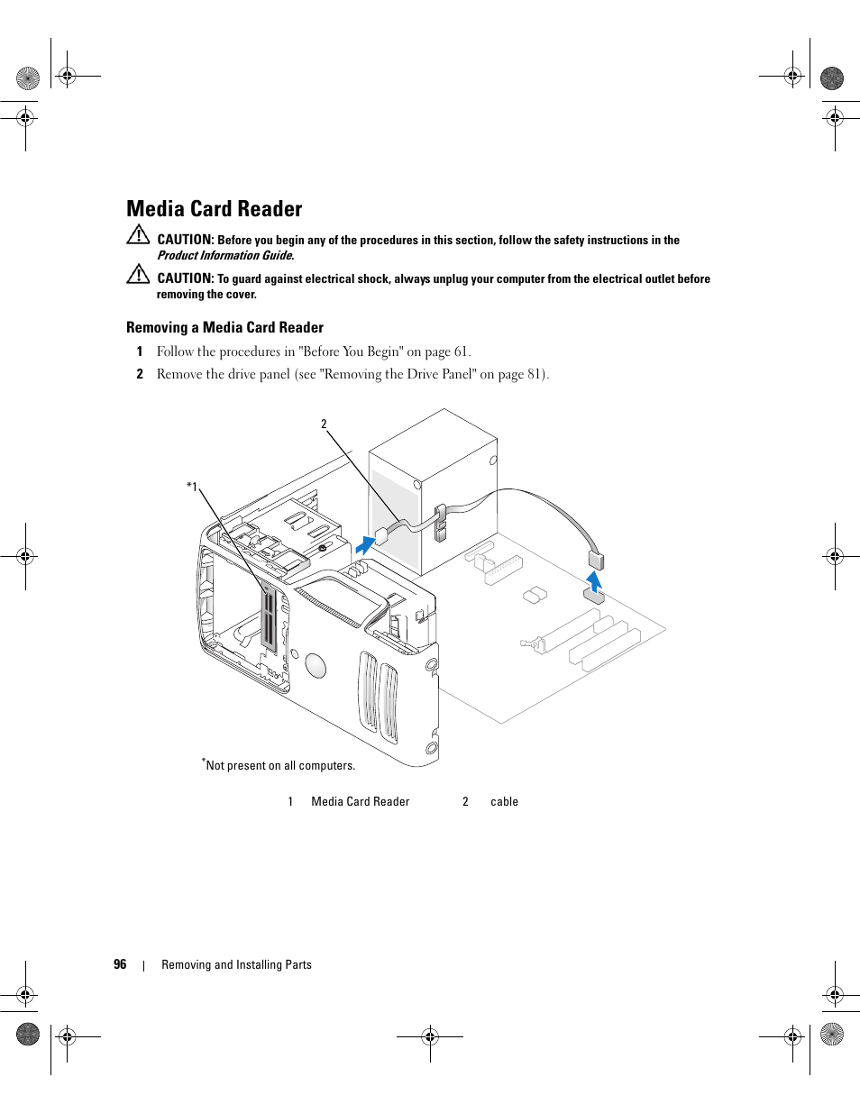 Media card reader, Removing a media card reader | Dell Dimension E521 User Manual | Page 96 / 158