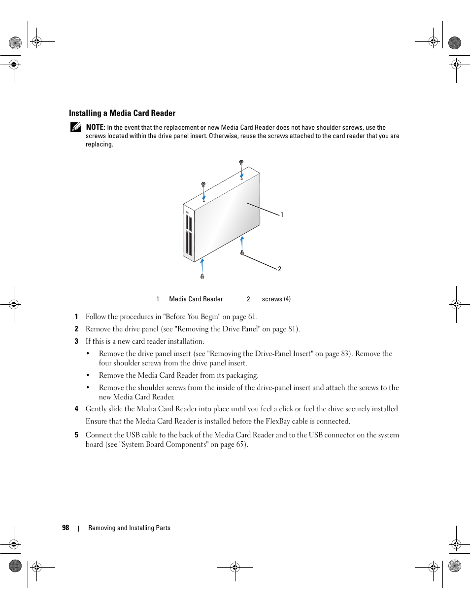 Installing a media card reader | Dell Dimension E521 User Manual | Page 98 / 158