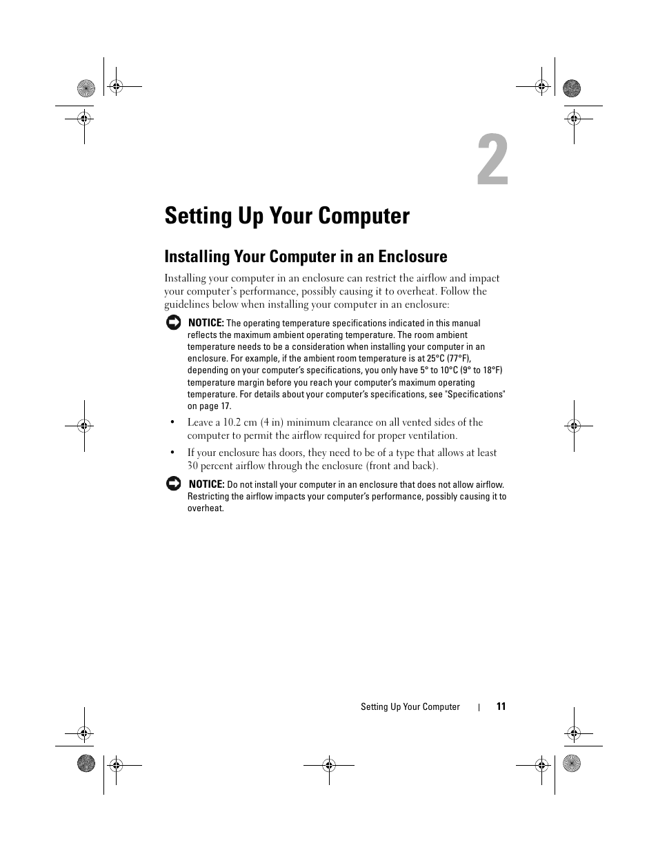 Setting up your computer, Installing your computer in an enclosure | Dell Inspiron 518 (Mid 2008) User Manual | Page 11 / 64