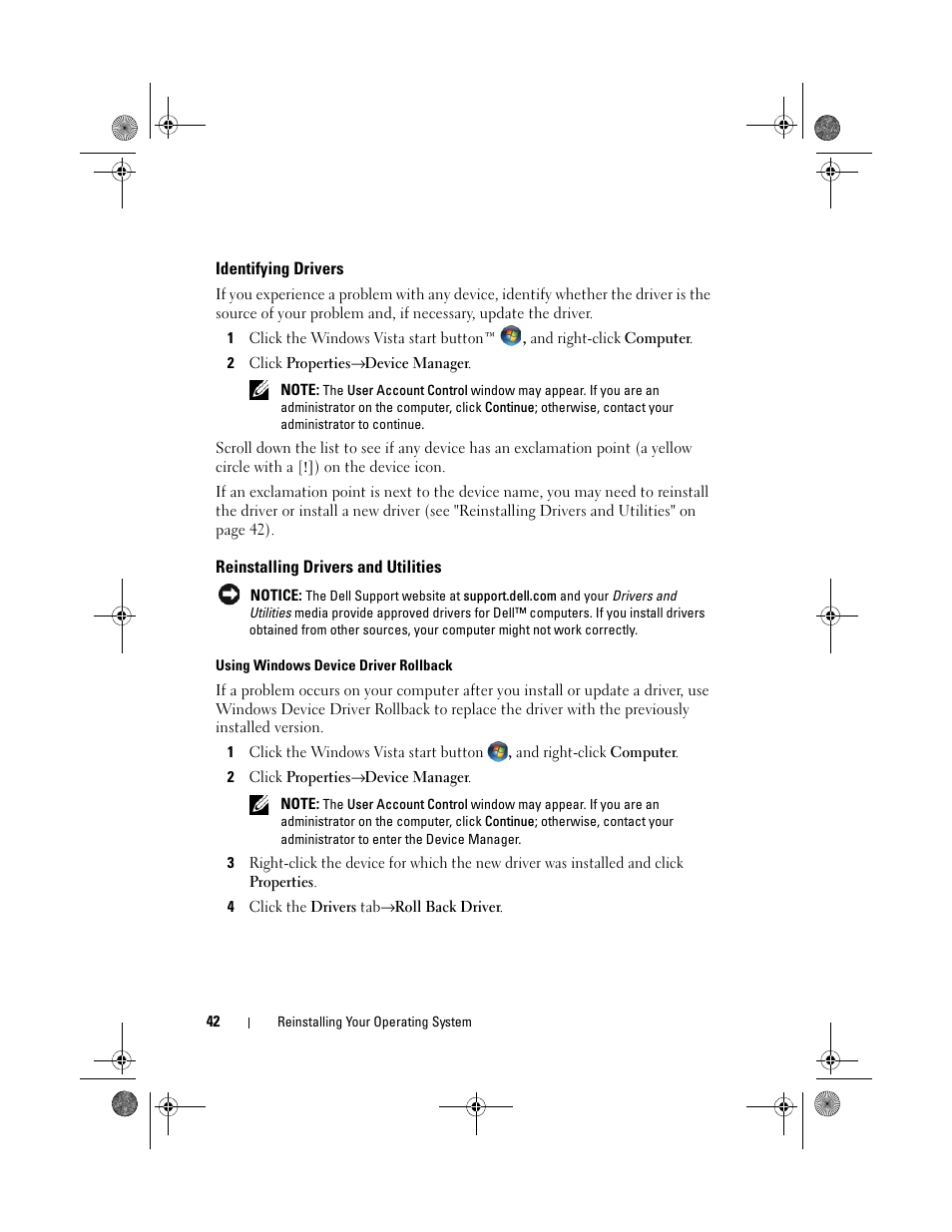 Identifying drivers, Reinstalling drivers and utilities | Dell Inspiron 518 (Mid 2008) User Manual | Page 42 / 64