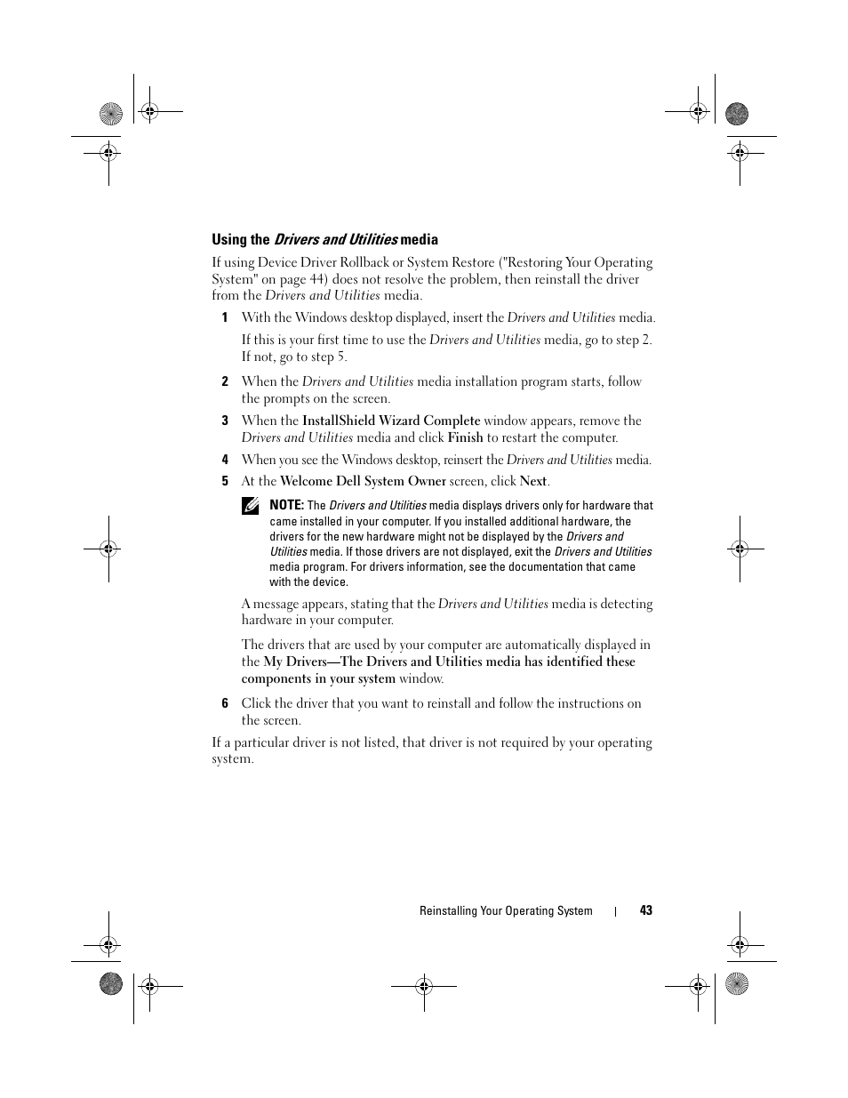 Using the drivers and utilities media, Using the drivers and utilities | Dell Inspiron 518 (Mid 2008) User Manual | Page 43 / 64