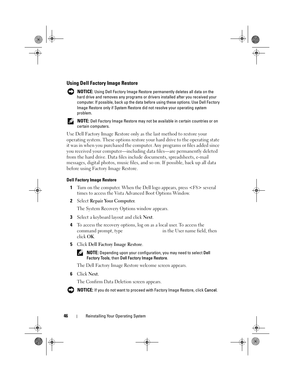 Using dell factory image restore | Dell Inspiron 518 (Mid 2008) User Manual | Page 46 / 64