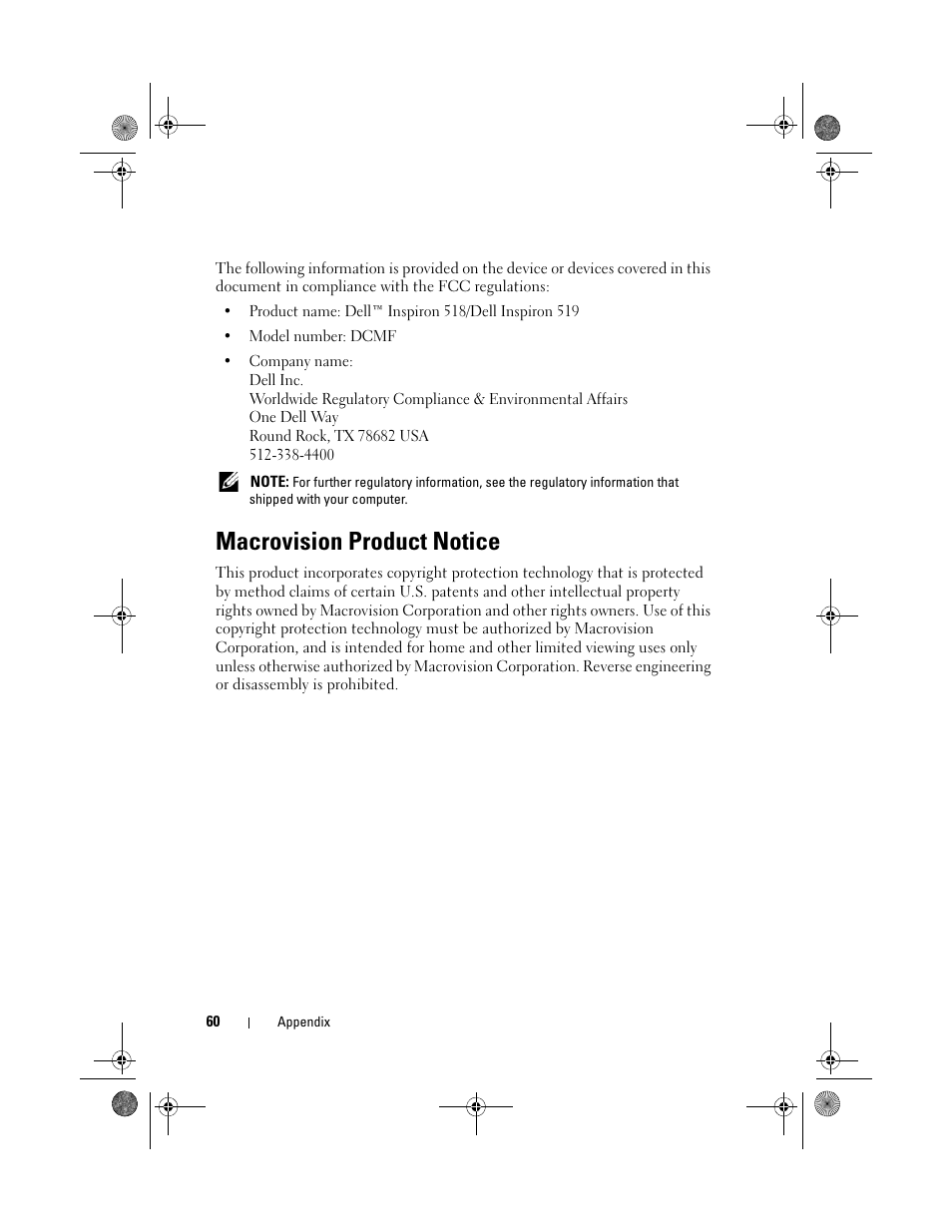 Macrovision product notice | Dell Inspiron 518 (Mid 2008) User Manual | Page 60 / 64