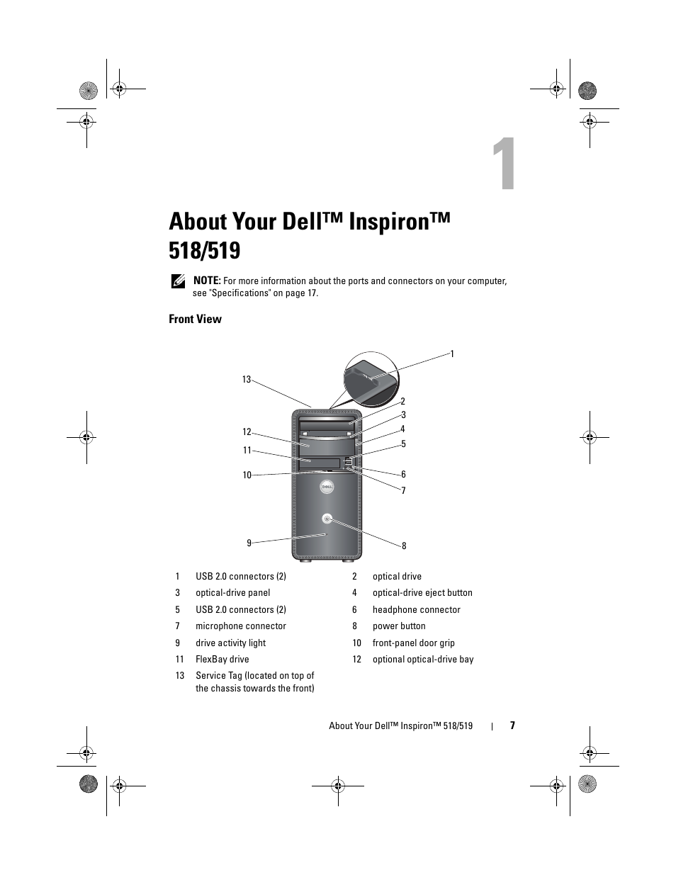 About your dell™ inspiron™ 518/519, Front view | Dell Inspiron 518 (Mid 2008) User Manual | Page 7 / 64