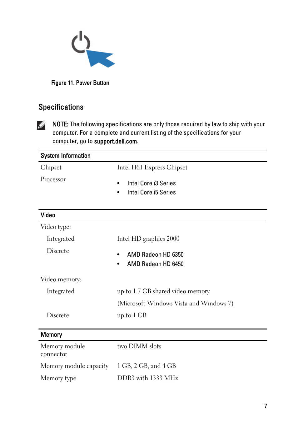 Specifications | Dell OptiPlex 390 (Mid 2011) User Manual | Page 7 / 11