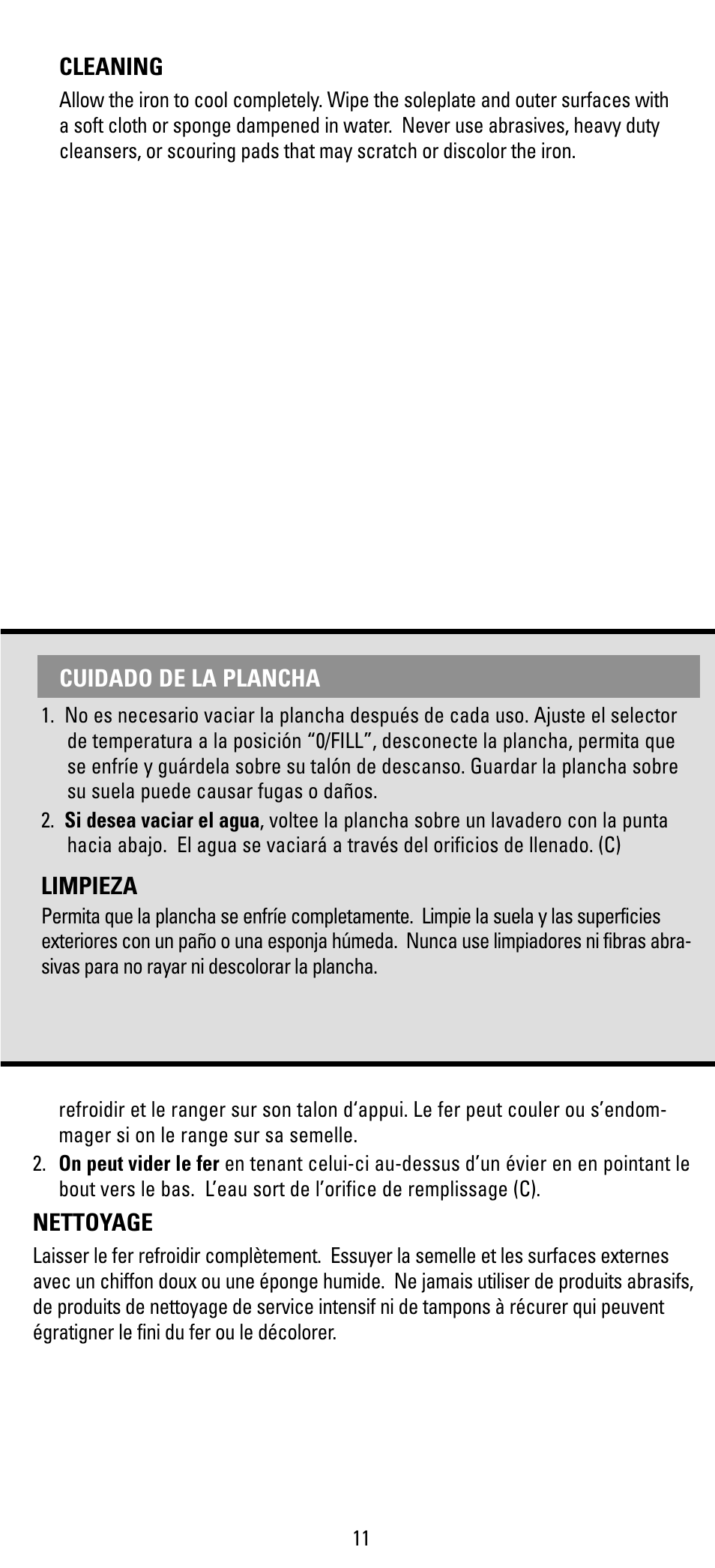 Cleaning, Cuidado, Nettoyage | Black & Decker F394S User Manual | Page 11 / 12