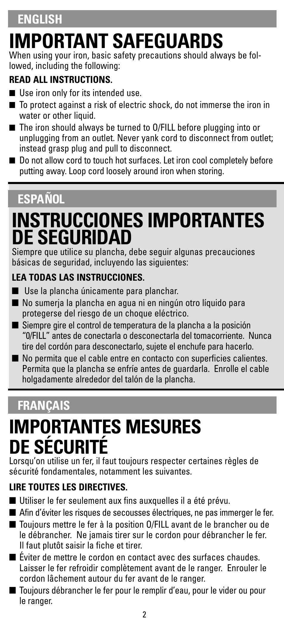 Safegaurds, Instrucciones, Mesures de securite | Important safeguards, Instrucciones importantes de seguridad, Importantes mesures de sécurité, Español, Français english | Black & Decker F394S User Manual | Page 2 / 12