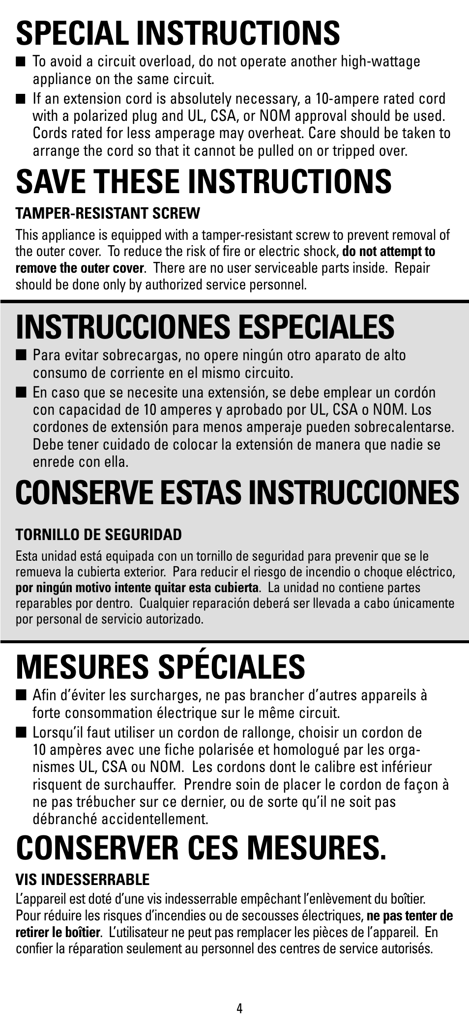 Special instructions, Instrucciones especiales, Mesures speciales | Save these instructions, Mesures spéciales, Conserver ces mesures, Conserve estas instrucciones | Black & Decker F394S User Manual | Page 4 / 12