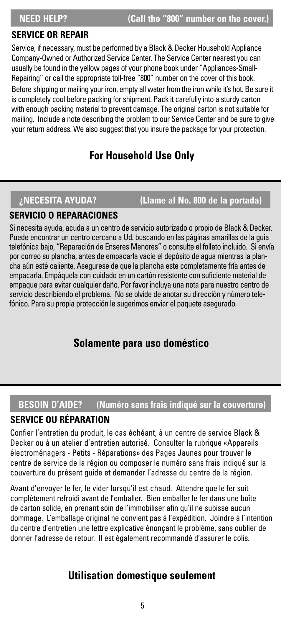 Solamente para uso doméstico | Black & Decker F394S User Manual | Page 5 / 12