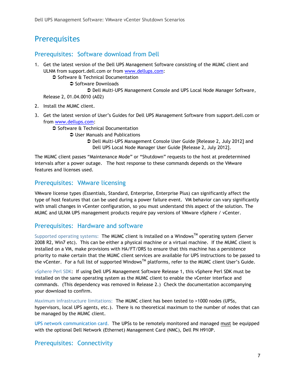 Prerequisites, Prerequisites: software download from dell, Prerequisites: vmware licensing | Prerequisites: hardware and software, Prerequisites: connectivity | Dell UPS 5600R User Manual | Page 7 / 20