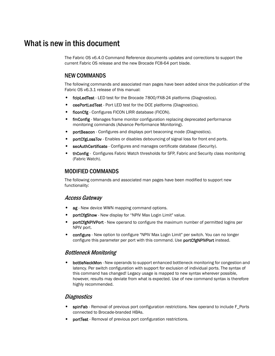 What is new in this document, New commands, Modified commands | Access gateway, Bottleneck monitoring, Diagnostics | Dell POWEREDGE M1000E User Manual | Page 23 / 1080