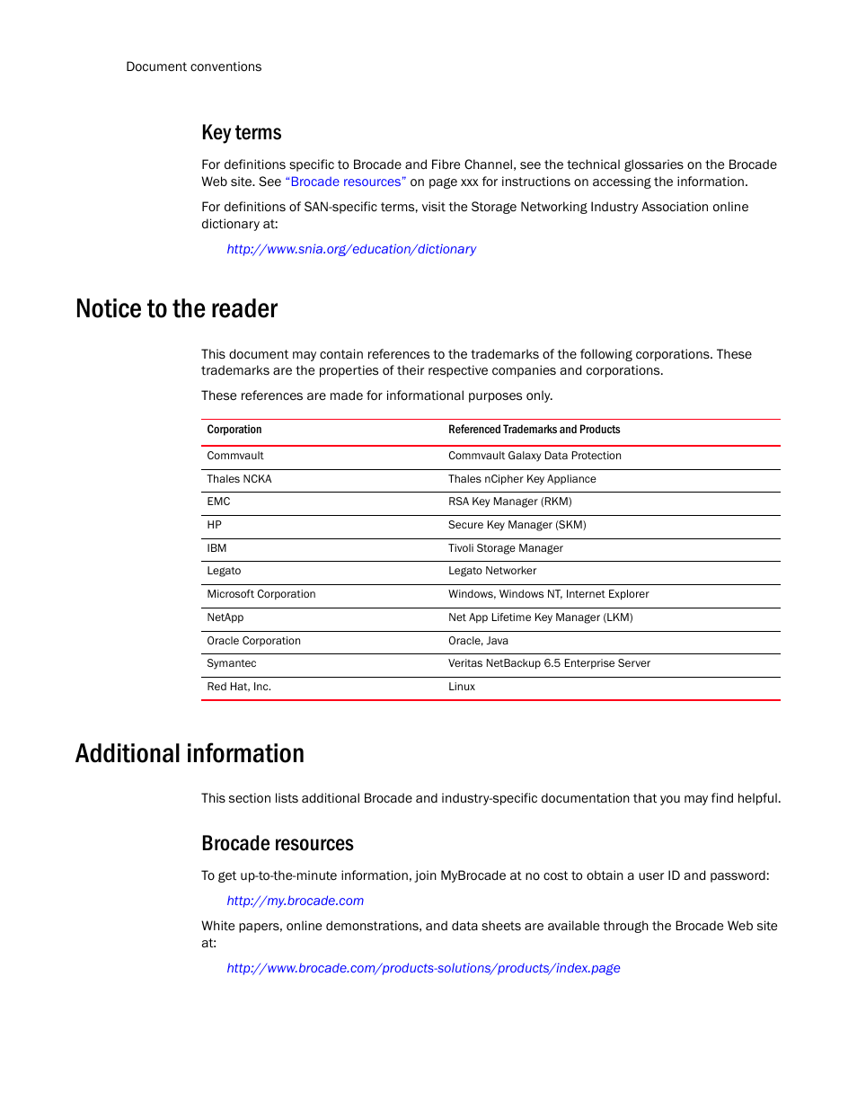 Key terms, Notice to the reader, Additional information | Brocade resources | Dell POWEREDGE M1000E User Manual | Page 30 / 1080