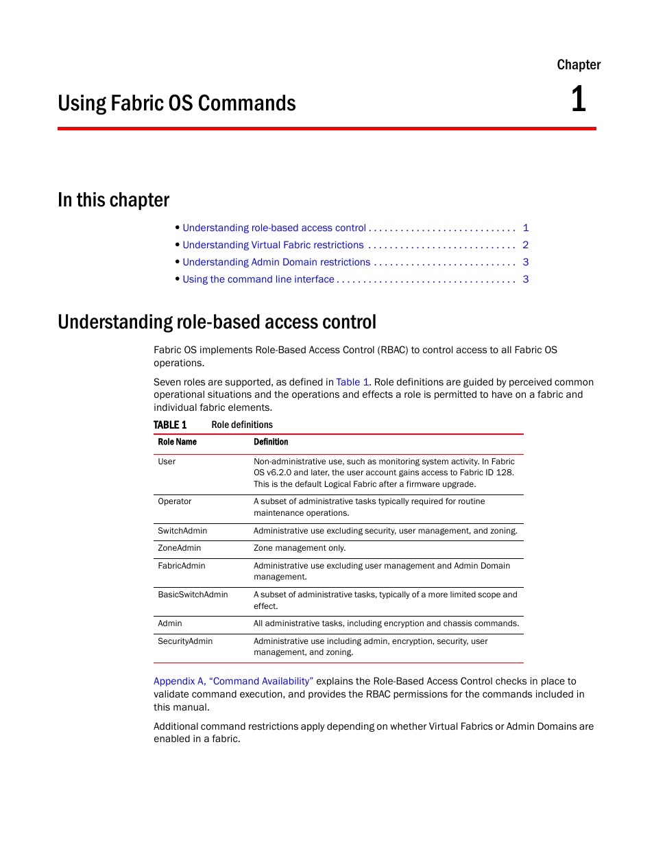 Using fabric os commands, In this chapter, Understanding role-based access control | Chapter 1, Chapter 1, “using fabric os commands, Chapter | Dell POWEREDGE M1000E User Manual | Page 33 / 1080