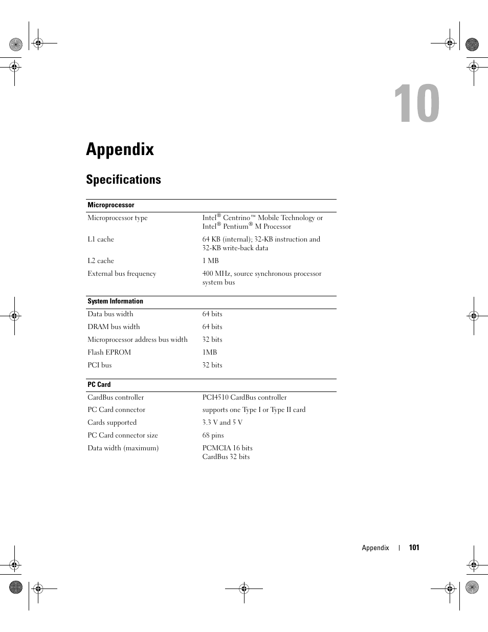 Appendix, Specifications, 10 appendix | Dell Inspiron 510m User Manual | Page 101 / 134