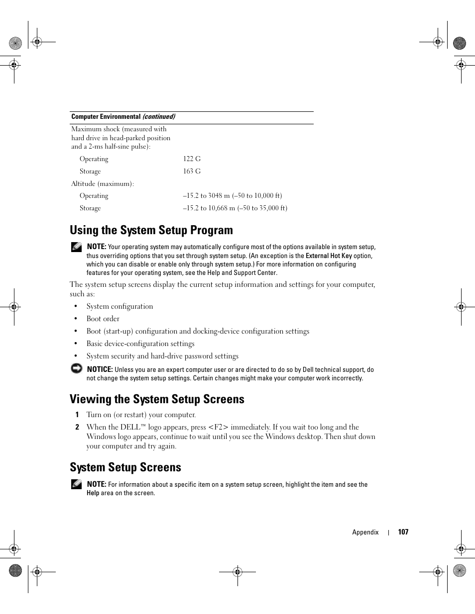 Using the system setup program, Viewing the system setup screens, System setup screens | Dell Inspiron 510m User Manual | Page 107 / 134