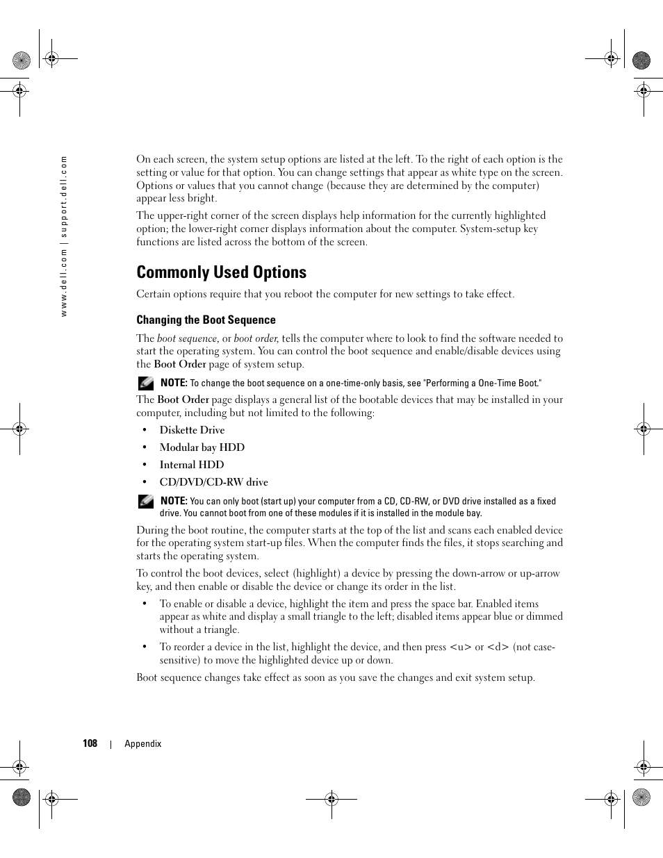 Commonly used options, Changing the boot sequence | Dell Inspiron 510m User Manual | Page 108 / 134