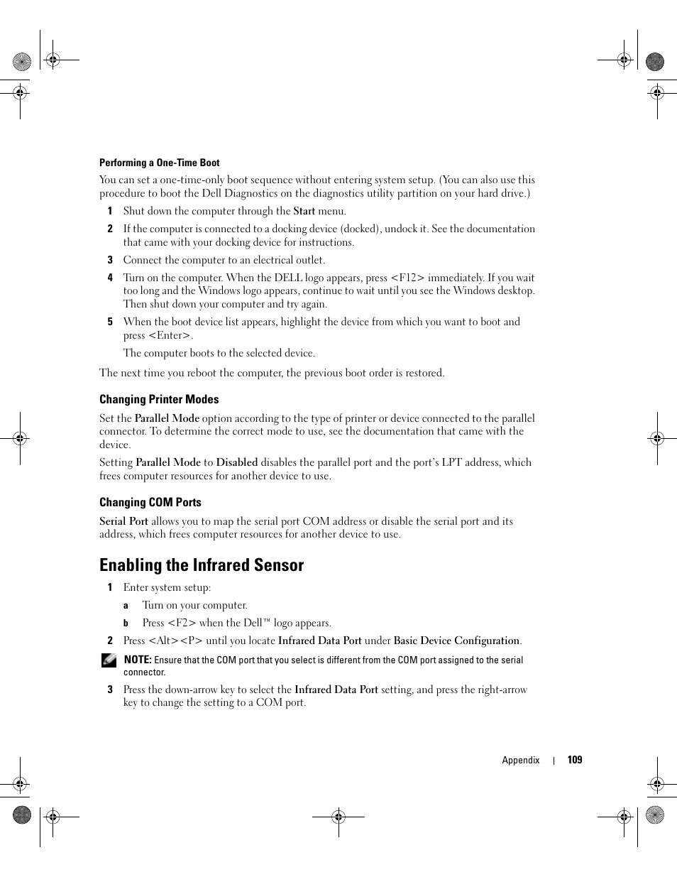 Changing printer modes, Changing com ports, Enabling the infrared sensor | Dell Inspiron 510m User Manual | Page 109 / 134