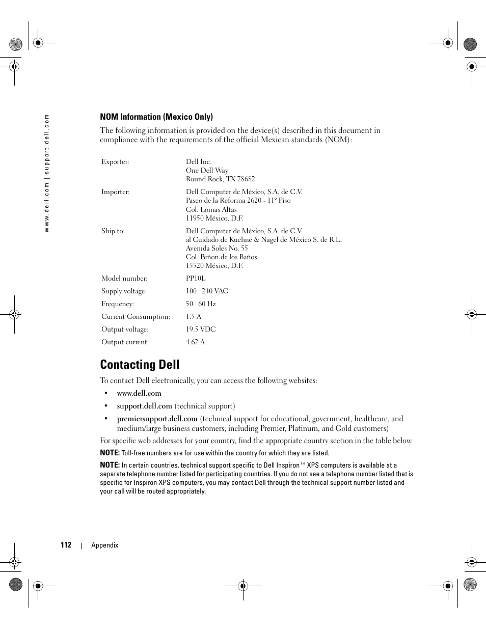 Nom information (mexico only), Contacting dell | Dell Inspiron 510m User Manual | Page 112 / 134