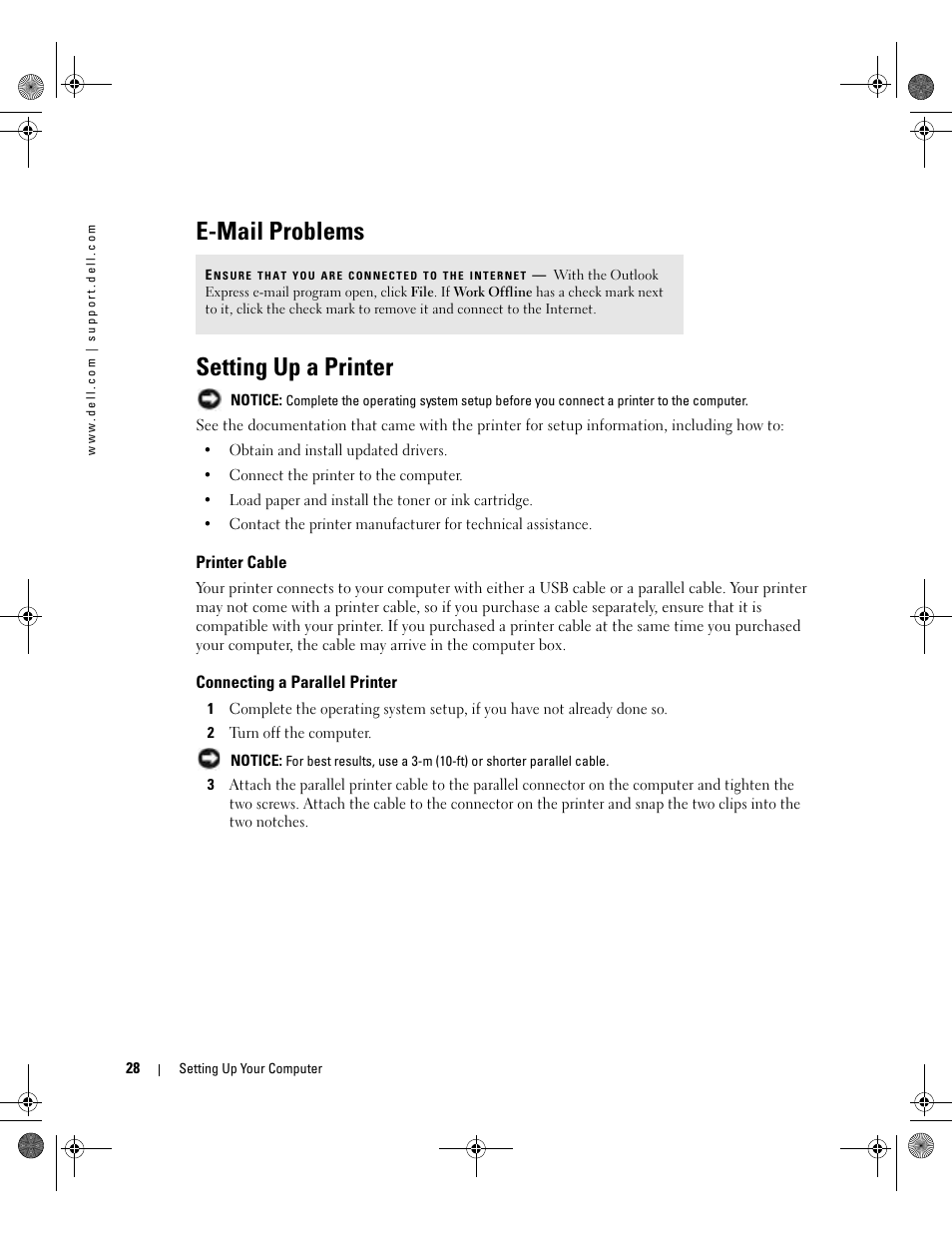 E-mail problems, Setting up a printer, Printer cable | Connecting a parallel printer, E-mail problems setting up a printer | Dell Inspiron 510m User Manual | Page 28 / 134