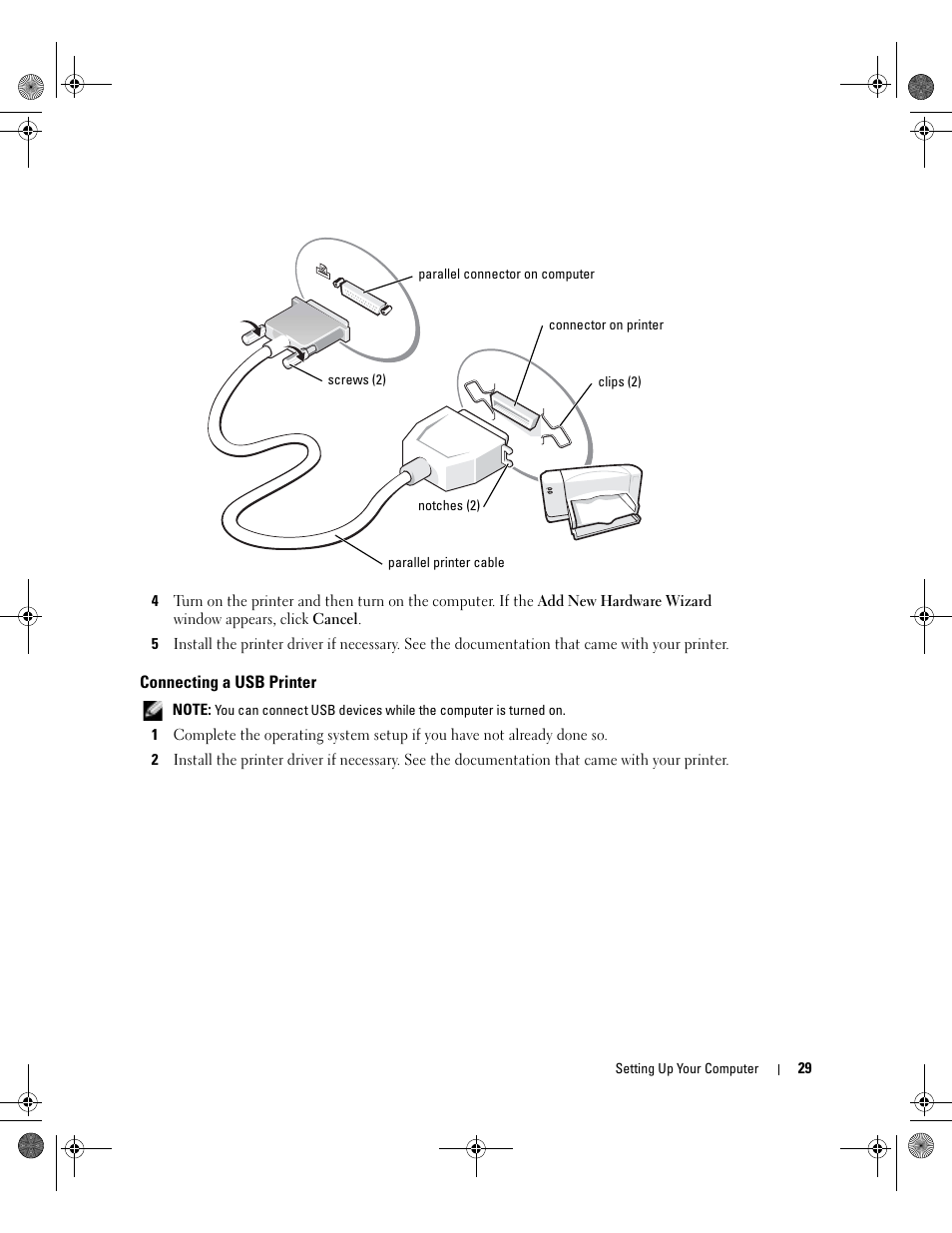 Connecting a usb printer | Dell Inspiron 510m User Manual | Page 29 / 134