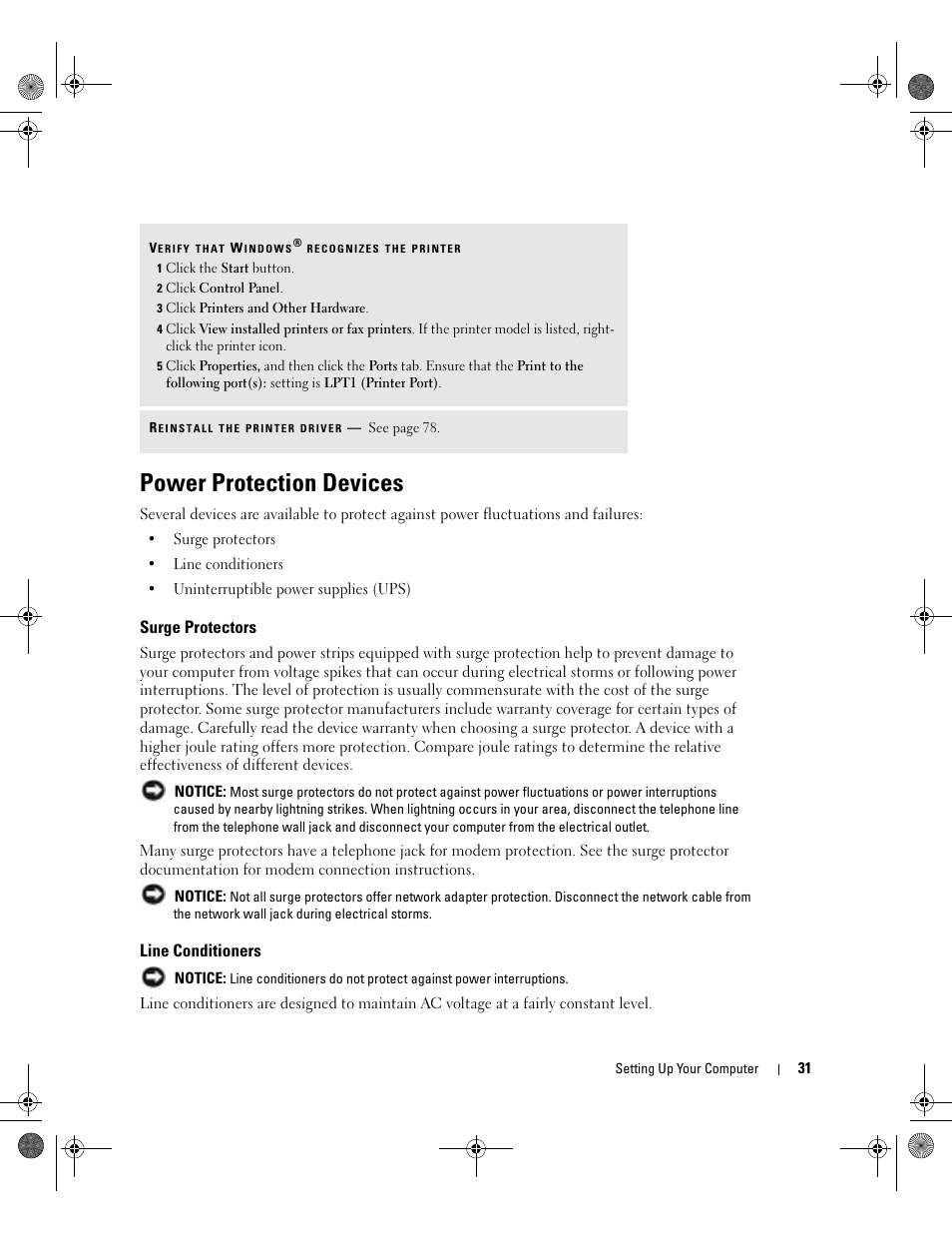 Power protection devices, Surge protectors, Line conditioners | Dell Inspiron 510m User Manual | Page 31 / 134