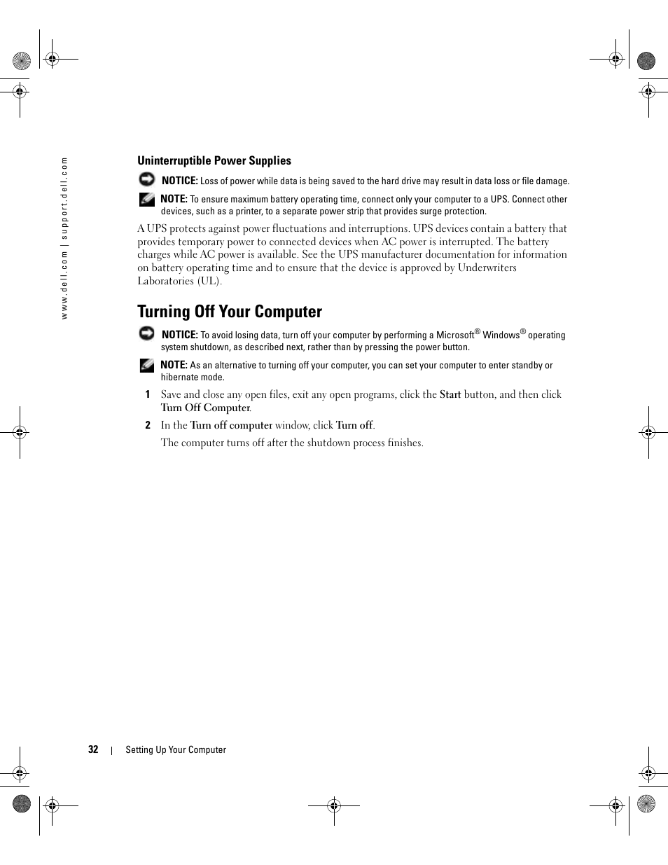 Uninterruptible power supplies, Turning off your computer | Dell Inspiron 510m User Manual | Page 32 / 134