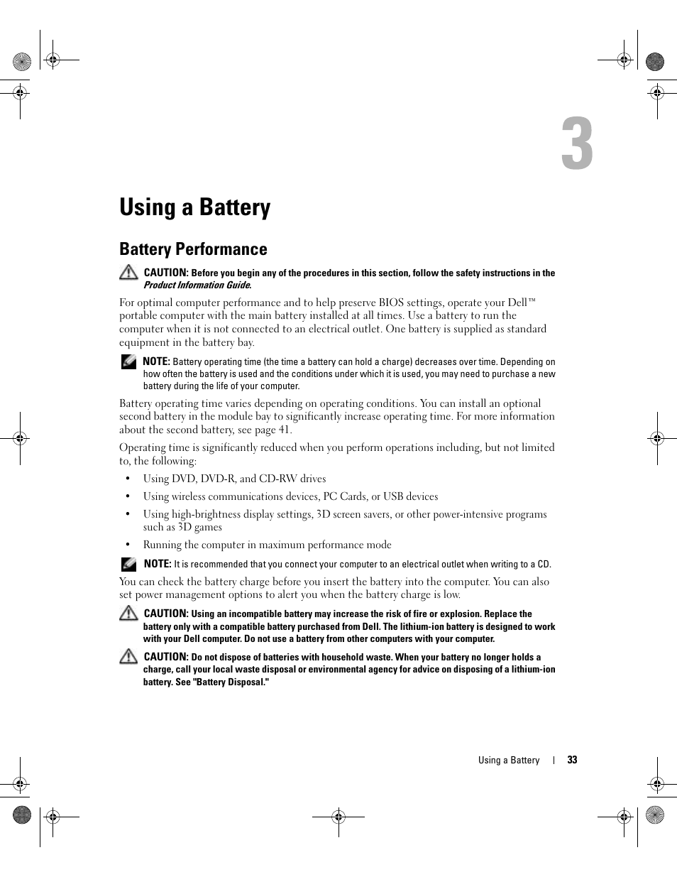 Using a battery, Battery performance | Dell Inspiron 510m User Manual | Page 33 / 134