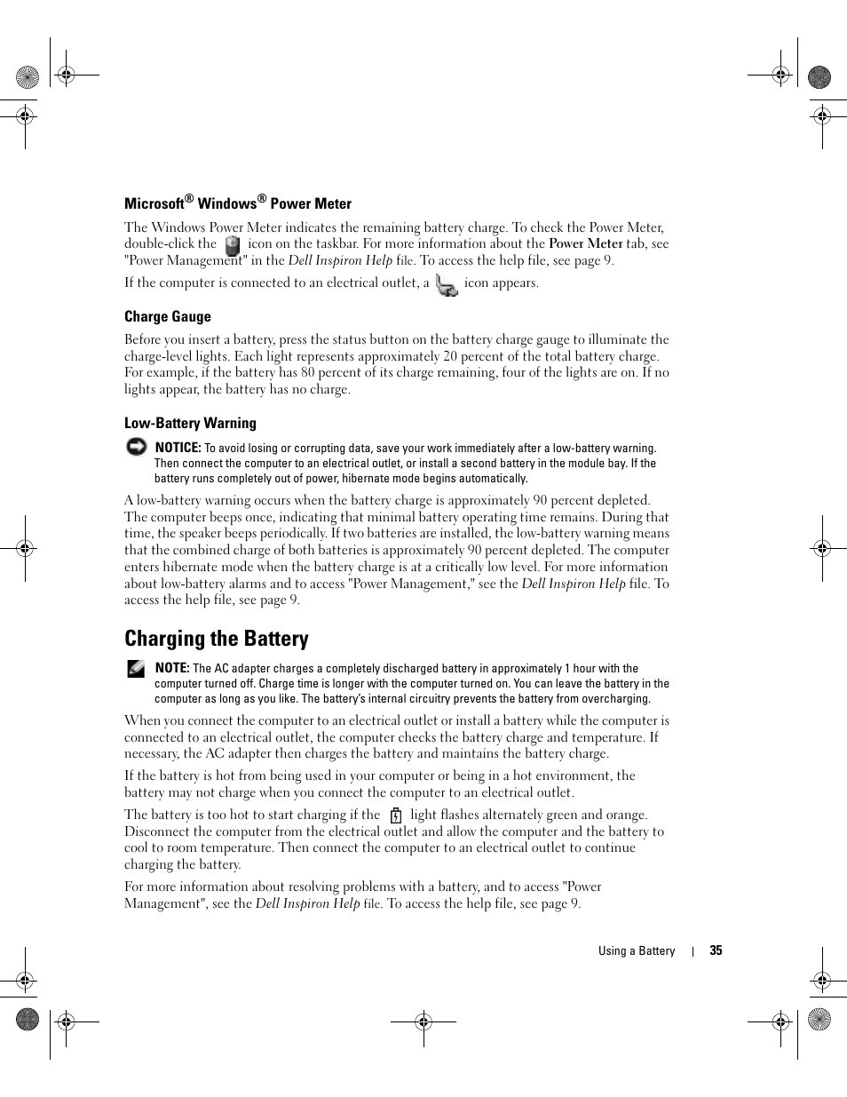 Microsoft® windows® power meter, Charge gauge, Low-battery warning | Charging the battery, Microsoft, You when the battery charge is low | Dell Inspiron 510m User Manual | Page 35 / 134