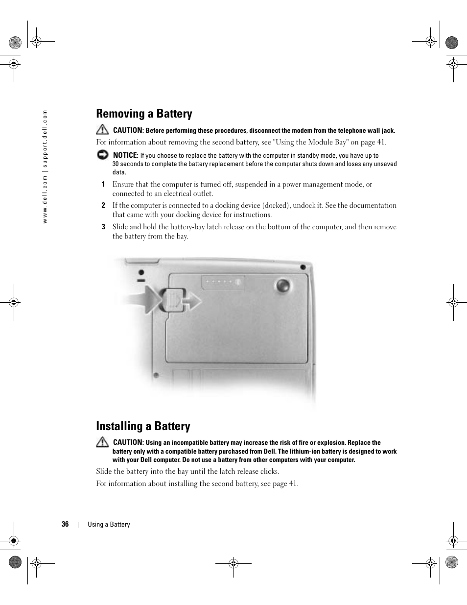 Removing a battery, Installing a battery, You insert the battery into the computer | You insert a battery | Dell Inspiron 510m User Manual | Page 36 / 134